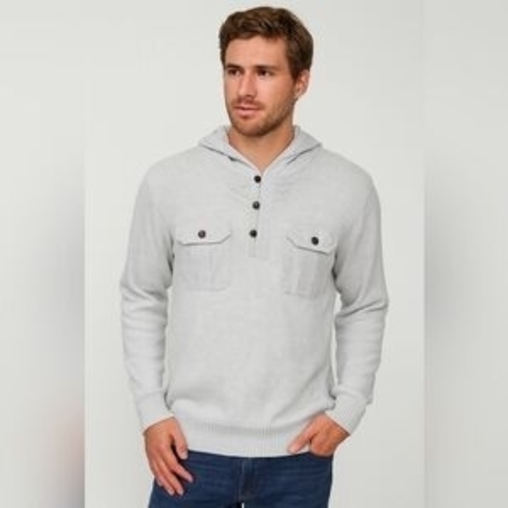 RETROFIT | Cream Gray Cotton Blend Hoodie Sweater Chest Pockets Button‎ | XXL